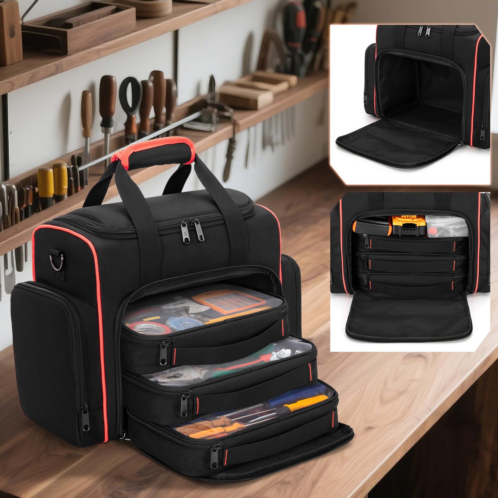 Tool Bag 3 Removable Cases 2 Layers Tote Hand Tools Black Red Binding Carrier