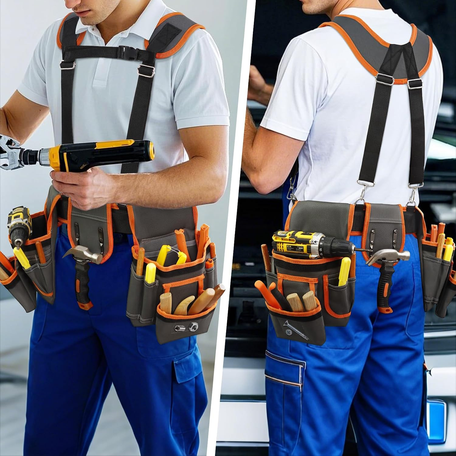 Tool Belt, Professional Tool Belts for Men, Magnetic Tool Pouch with Suspenders,