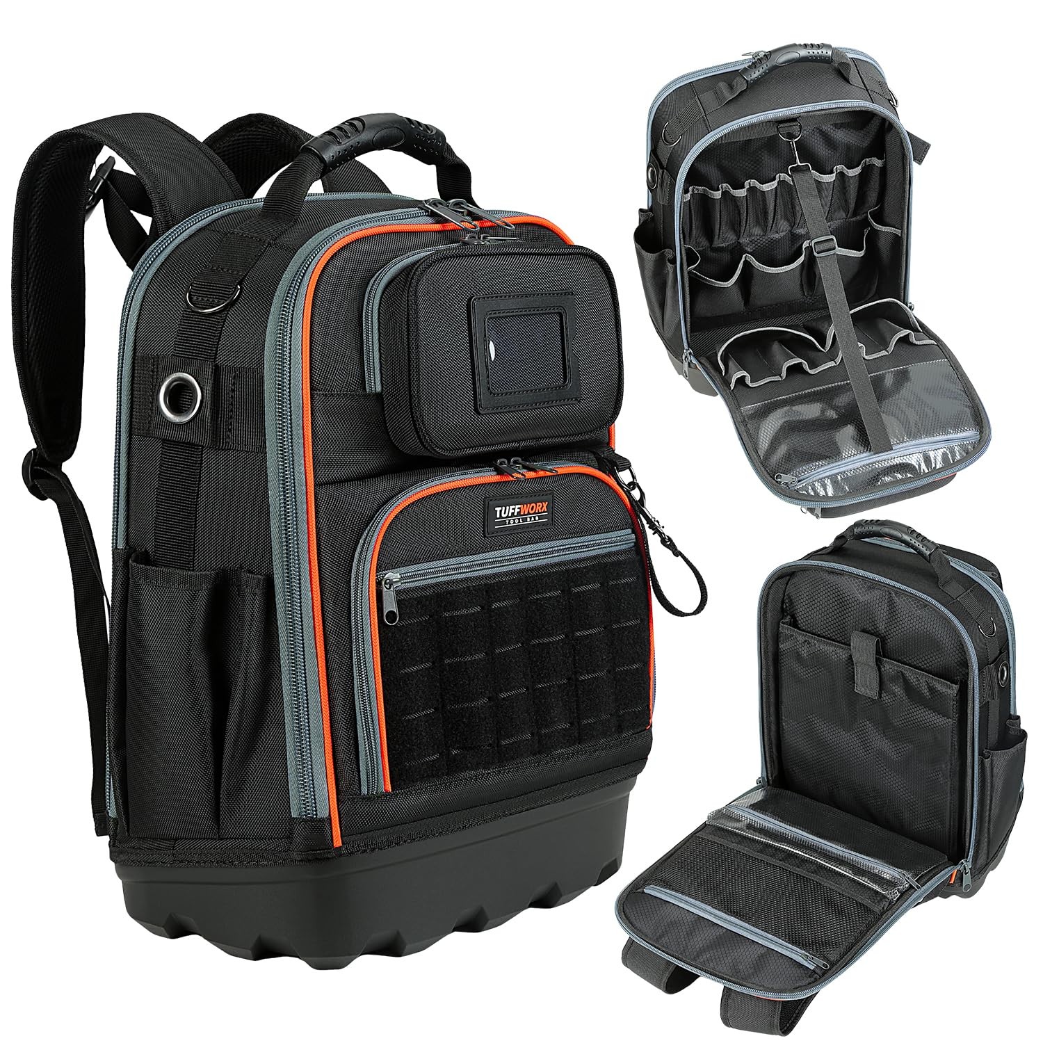Tool Backpack, 35 Pockets, 18.5 x 13.7 x 7.8 Inches, Black and Orange, Water-…
