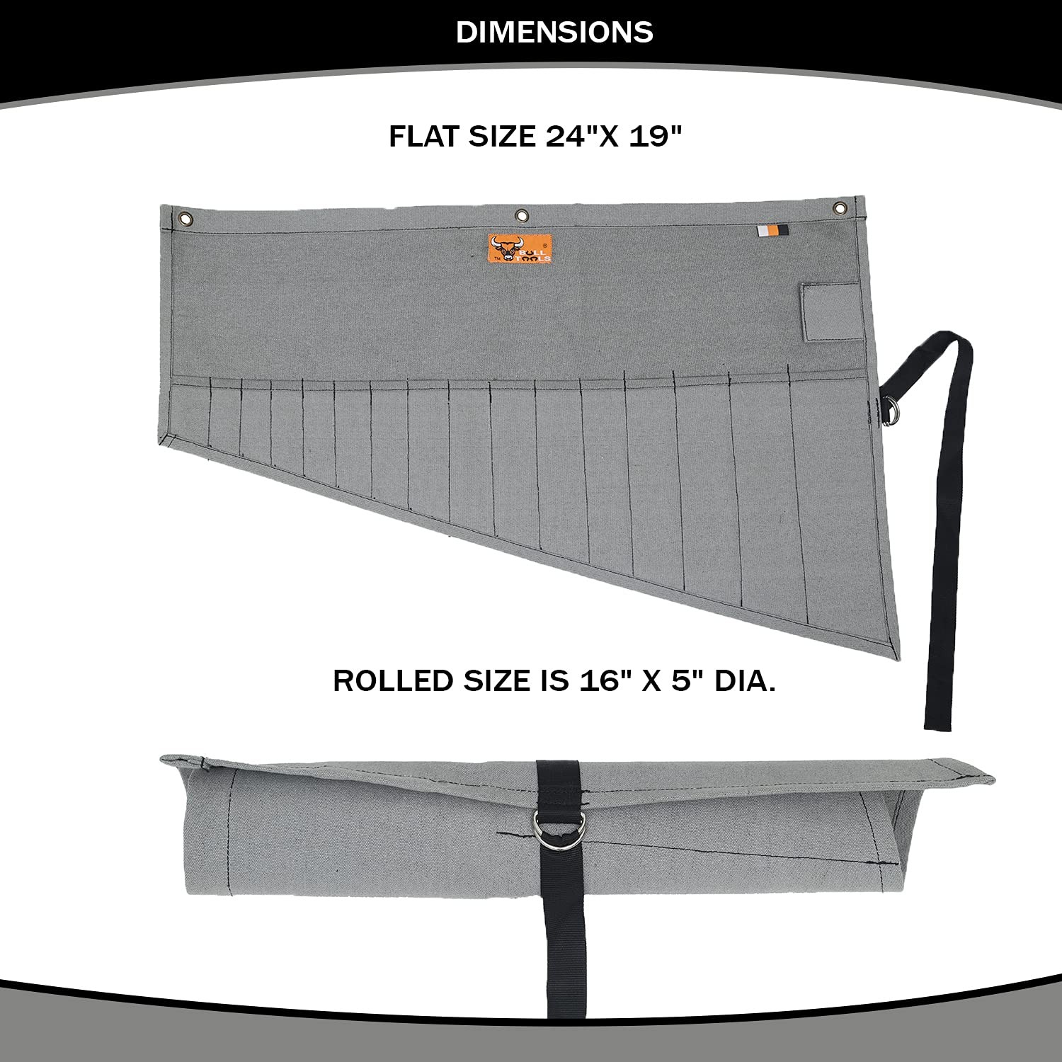 Roll Up Tool Bag Organizer 16 Pockets Canvas Wrench Pouch Heavy Duty Black Grey