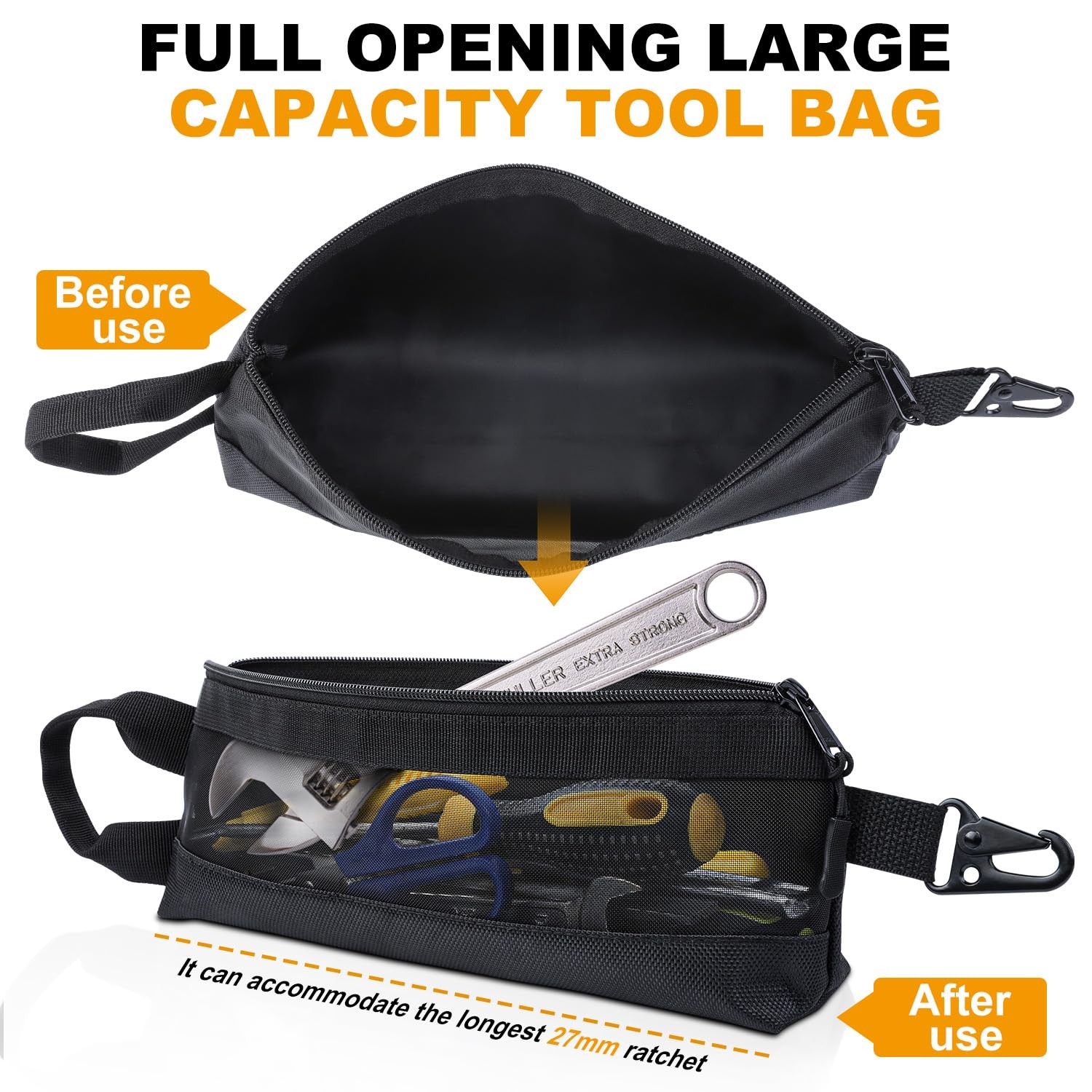 3 Pack Tool Pouches With Zipper, Small Tools Bags With Carabiner,12 inches lo…