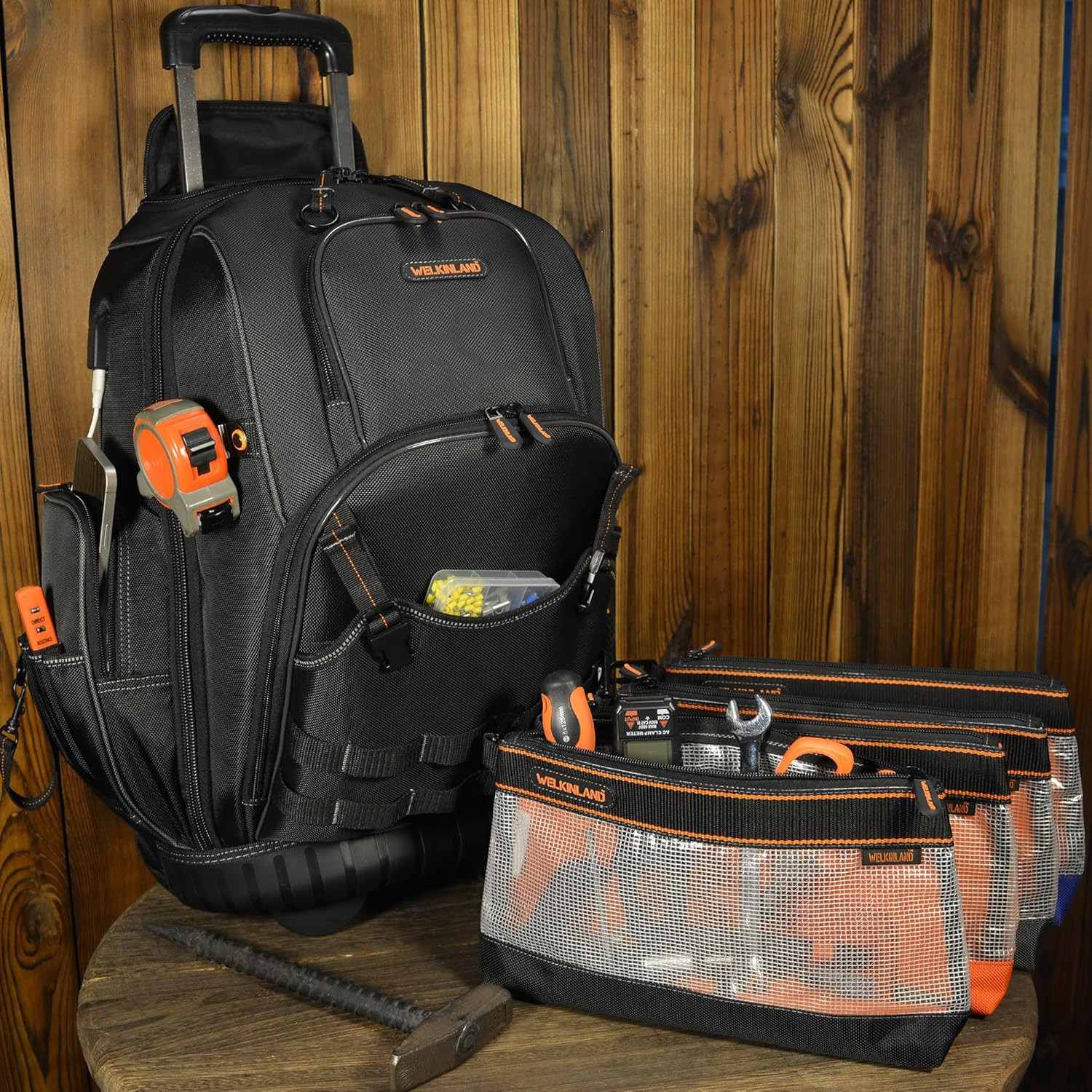 Rolling Tool Backpack with 4 Clear Pouches – Convenient & Spacious!