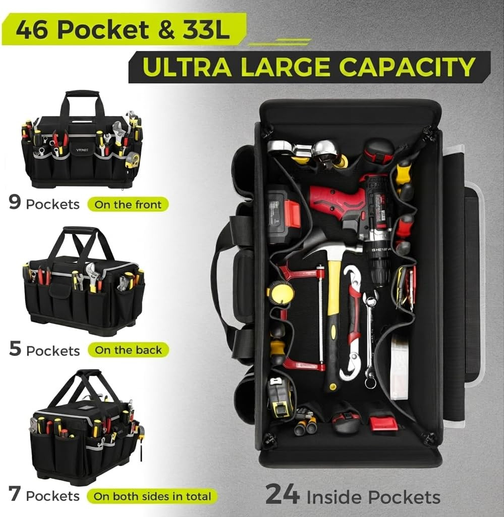 Heavy Duty Tool Bag 18-Inch, Extra Large 46 Pockets Electrician Tool Bag for Men