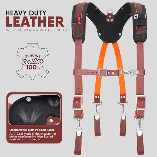 Leather Work Suspender with Cell Phone Pocket | Fully-Adjustable Padded Maroon