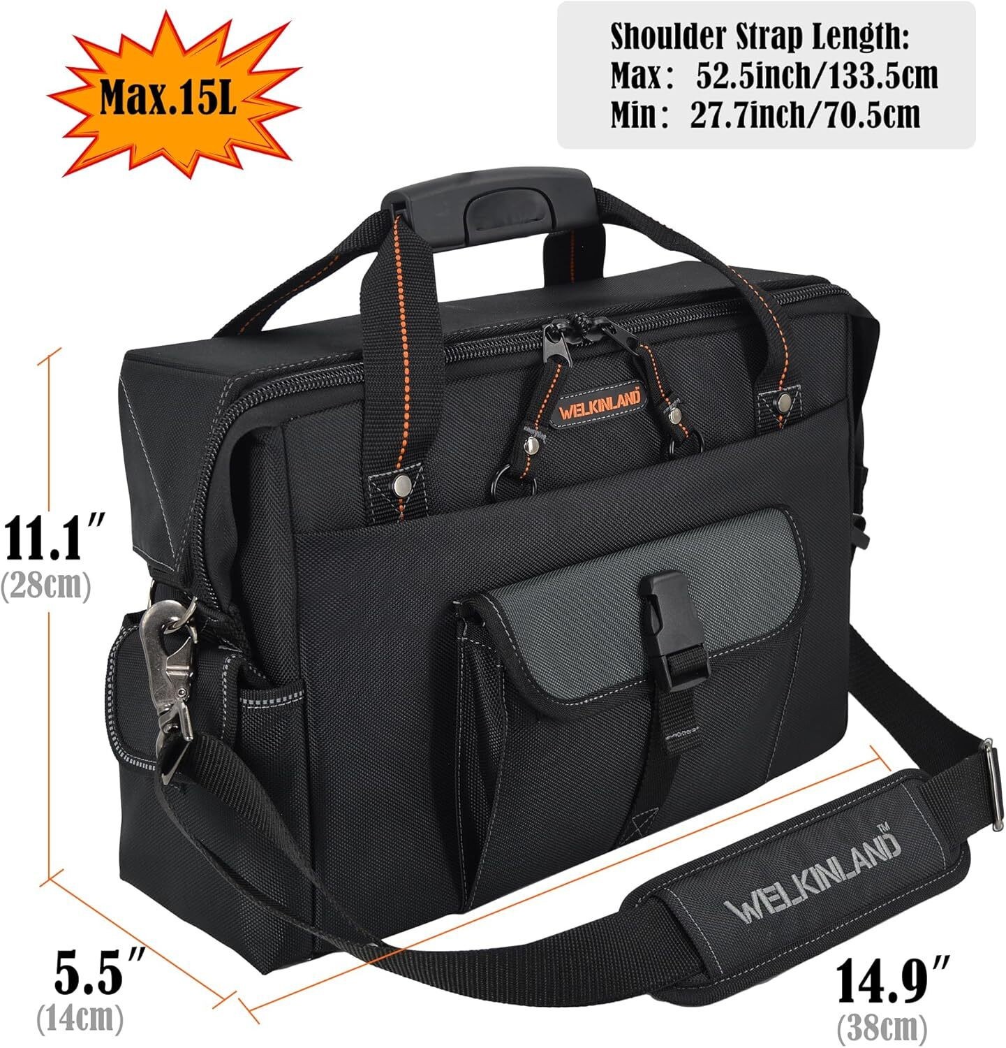 ✅ WELKINLAND 15-Pockets Electrician Tool Box Bag, Large – Open Black Orange ✅