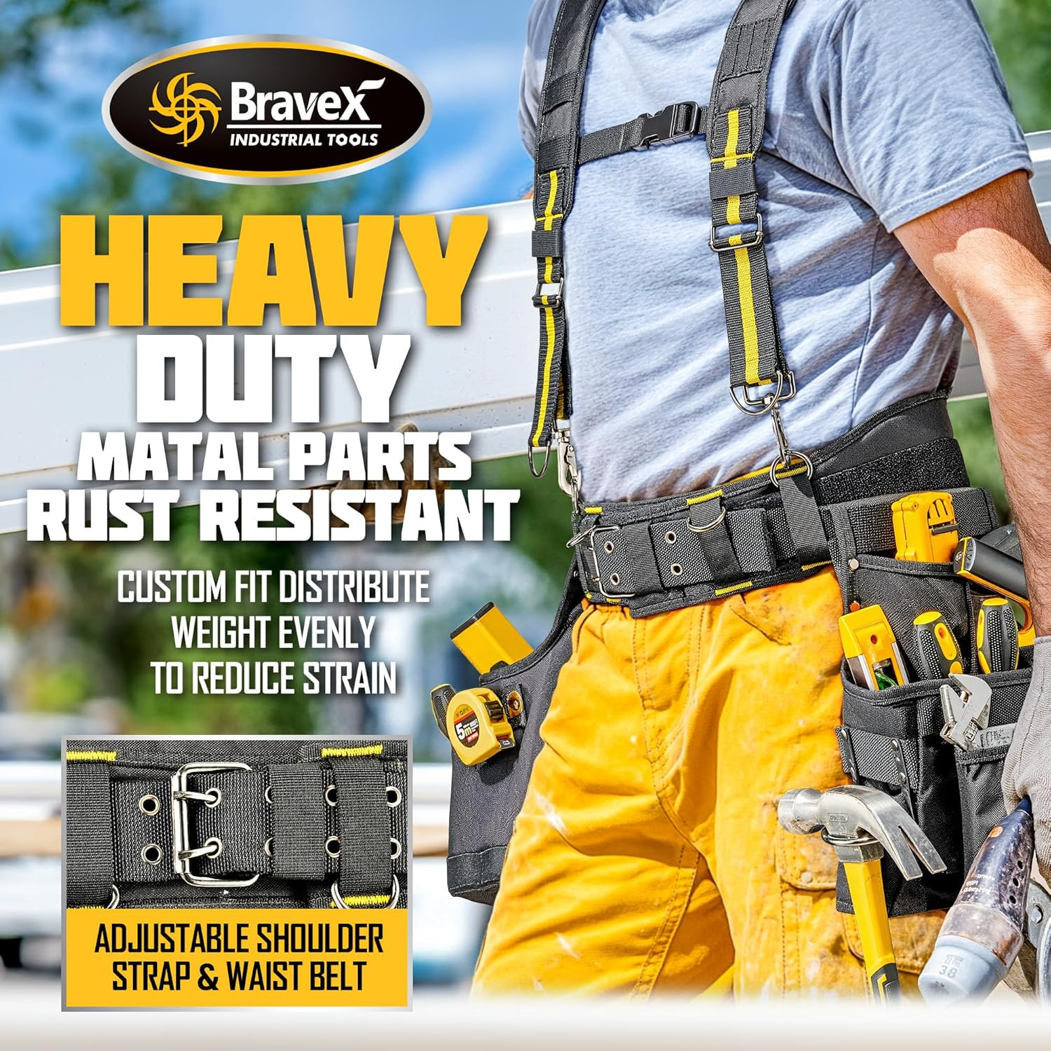 Bravex Tool Belt Suspenders, Tool Vest Pro Ultra 20 Bags H-Style Toolbelt 5 Comb