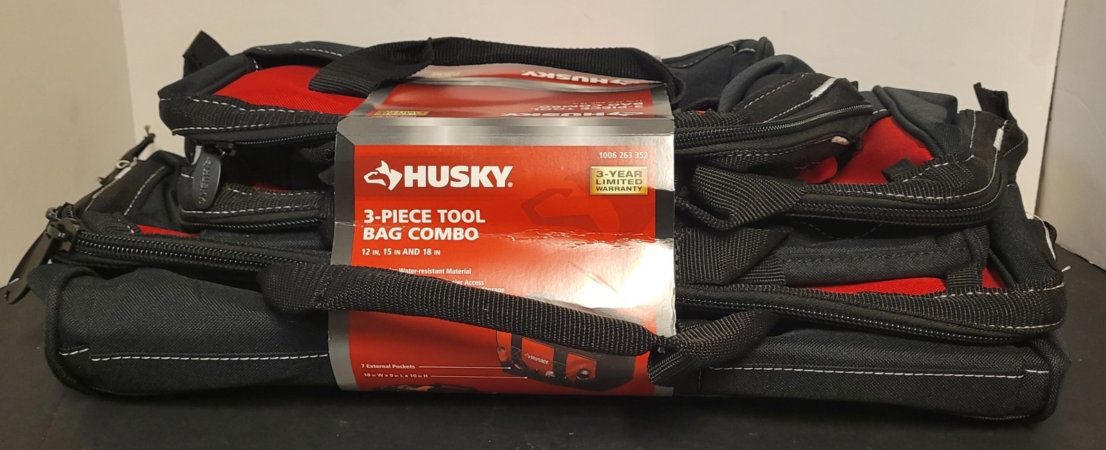 Husky 3-Piece 18″ 15″ 12″ Tool Carry Bag Combo with Water Resistant Fabric