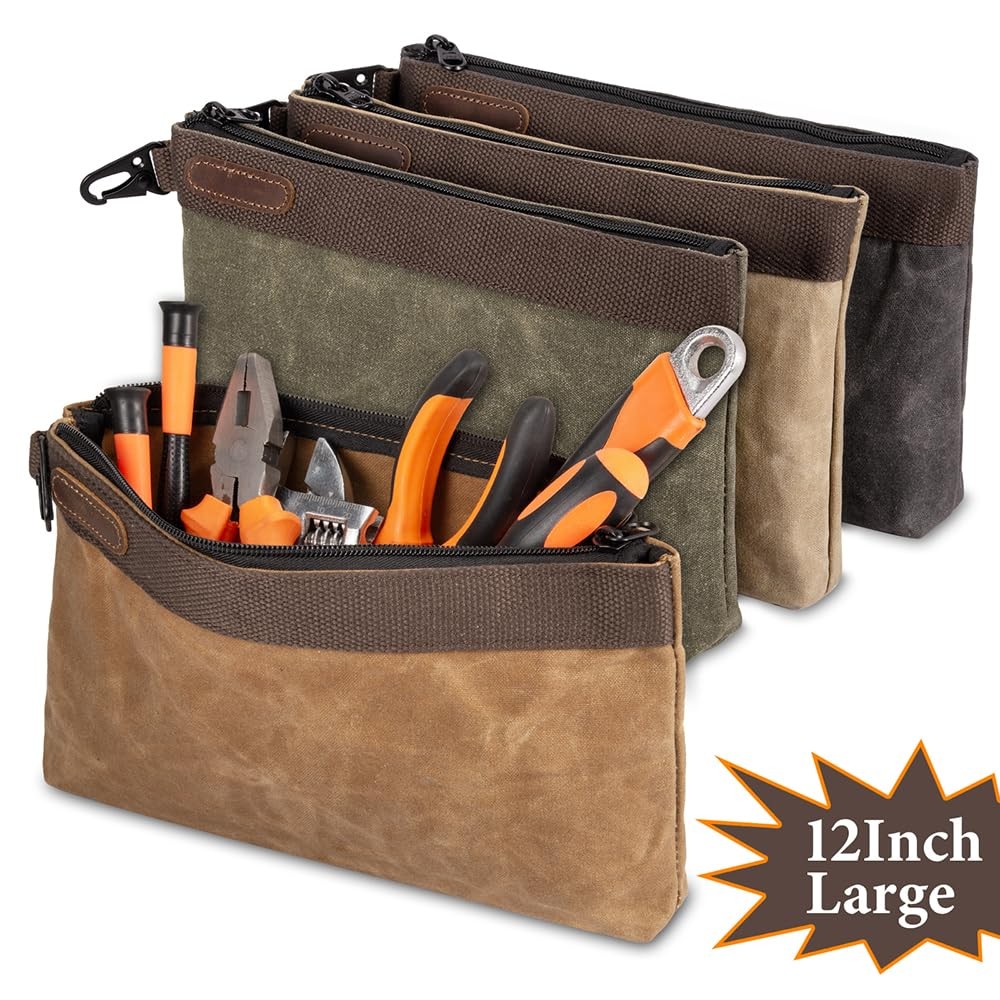 Hamks Waxed Canvas Tool Pouches 4 Pack – 11-Inch Heavy-Duty Zipper Tool Bags Set