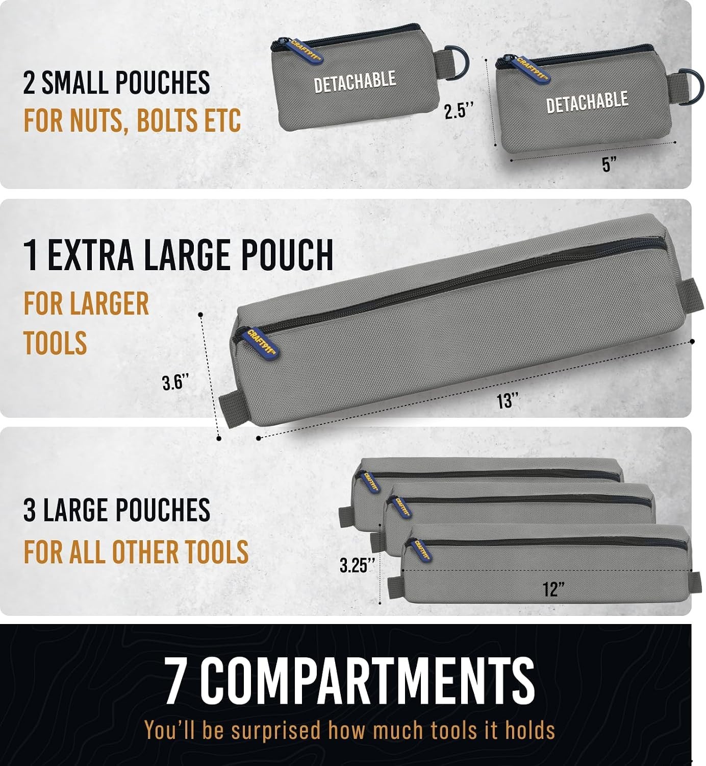 Compact Tool Bag Roll Gray Polyester Lifetime 6 Pouch