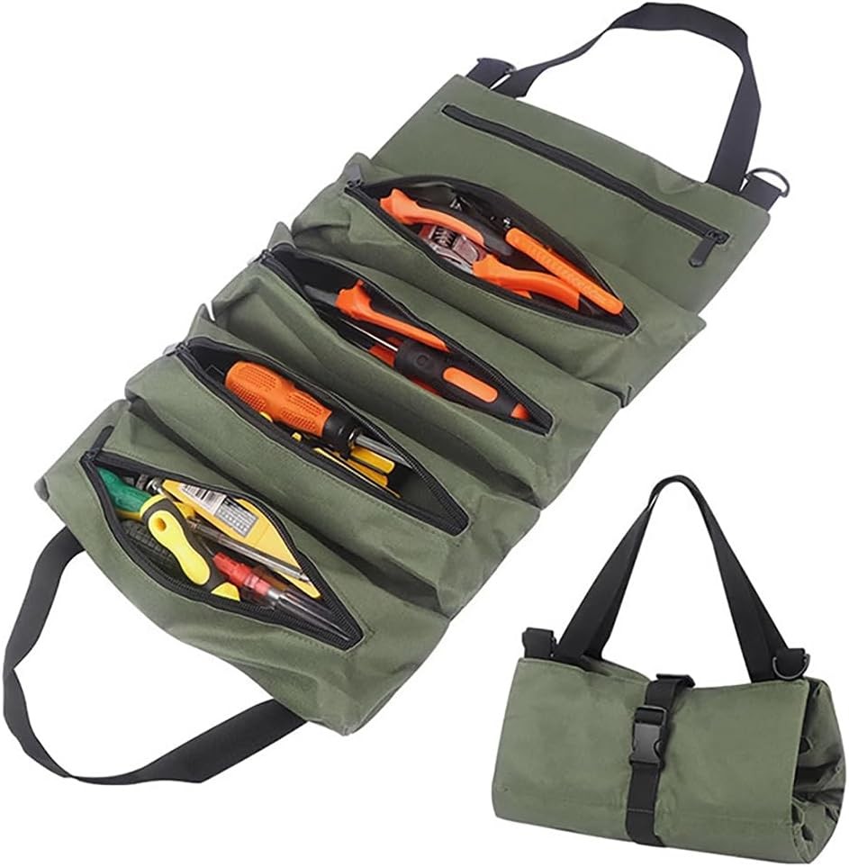 Multi-Purpose Tool Roll Up Bag Wrench Pouch Canvas Hanging Organizer w/ 5 Pocket