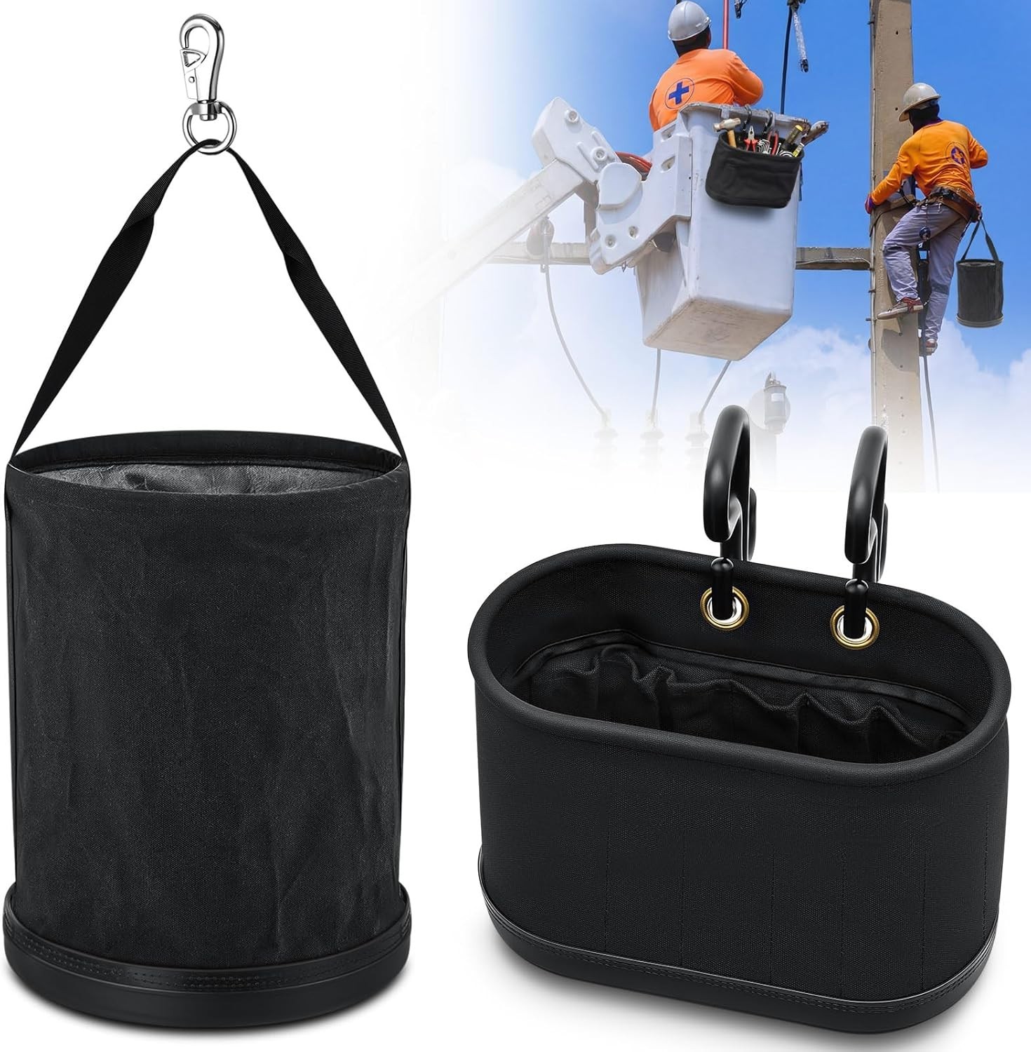 2 Pack Canvas Bucket and Oval Tool Bag, Bucket Tool Organizers with Plastic B