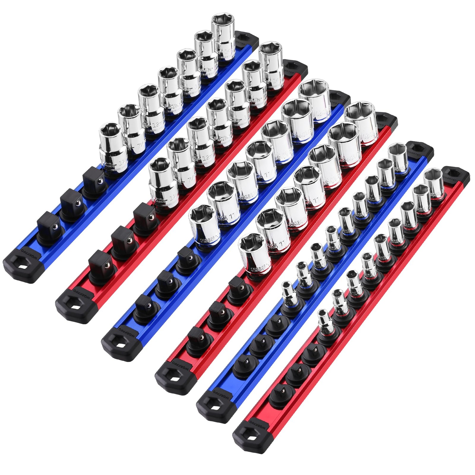 6 Piece Magnetic Socket Organizer Aluminum Socket Rail Holder 1/4″ 3/8″ 1/2″ Red