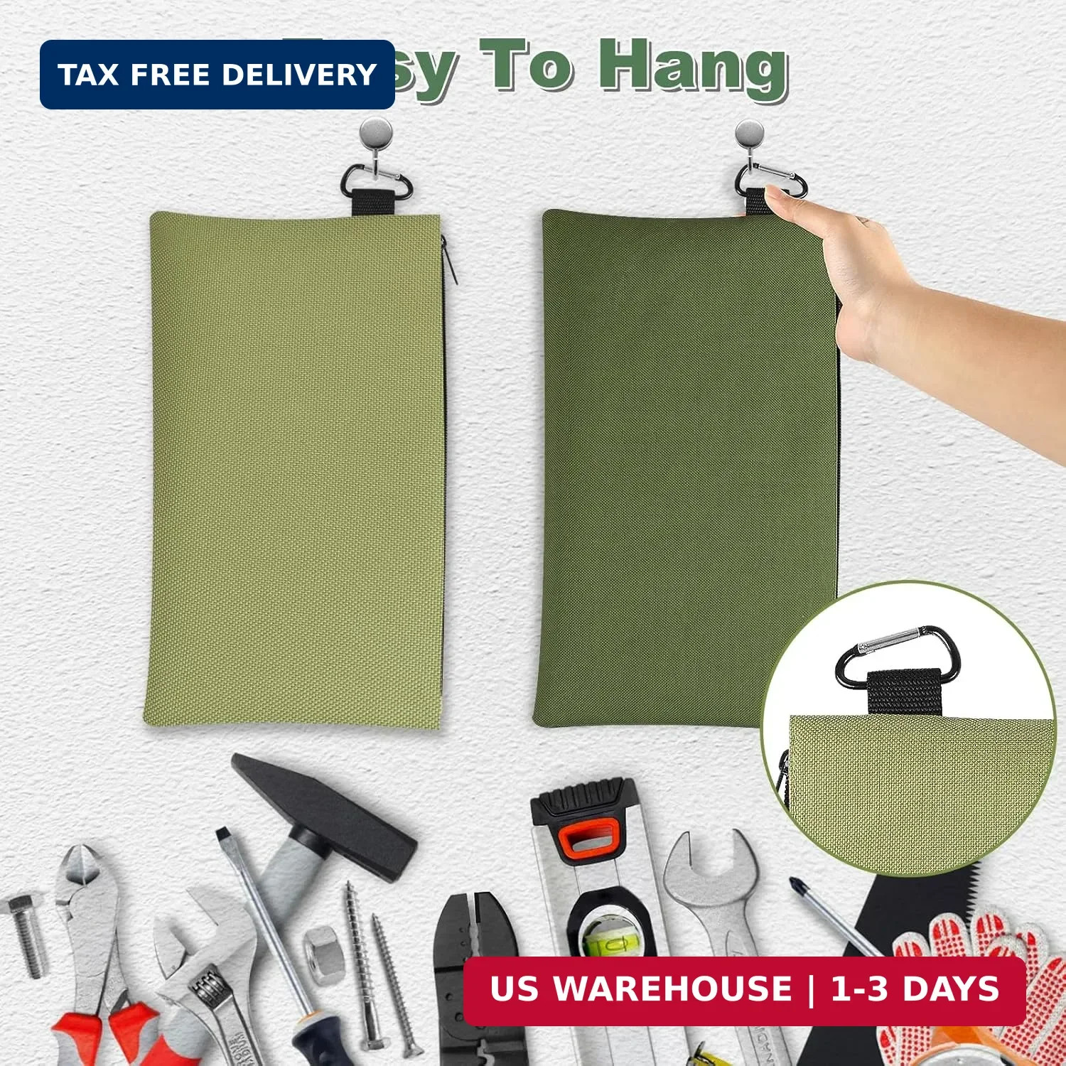 2Pack Waterproof Tool Pouch Zipper Bag 12″ x 7″ Heavy Duty Storage with Carabine
