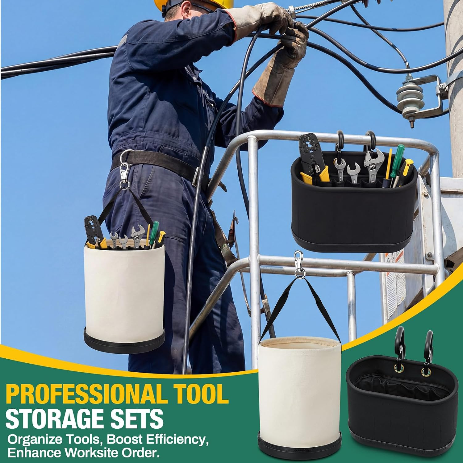 2 Pack Canvas Bucket & Oval Tool Bag, Bucket Tool Organizers with Reinforced Bot
