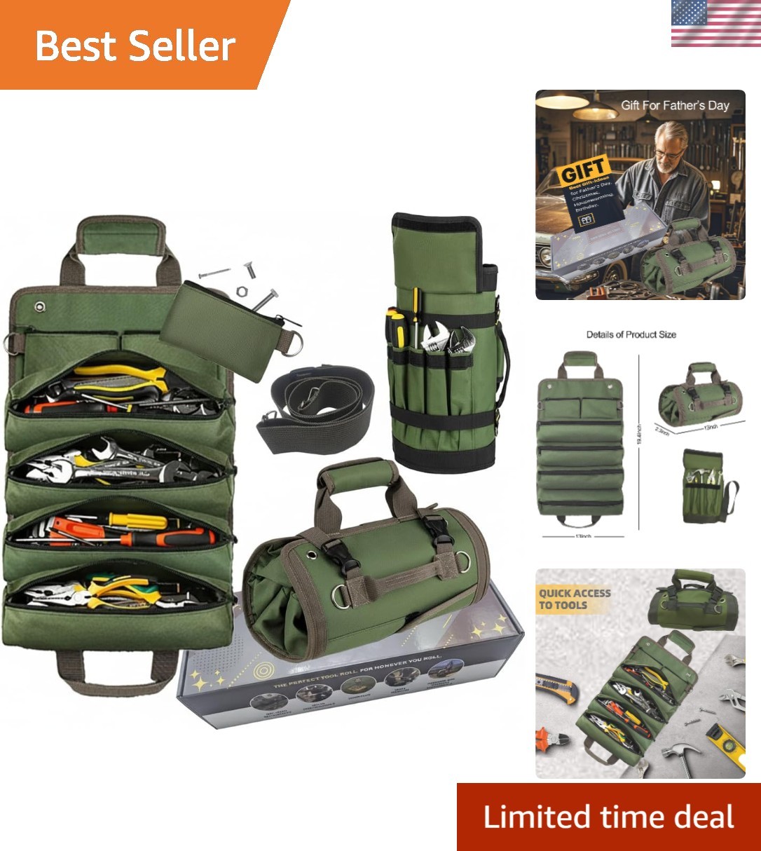 Upgraded Heavy Duty Tool Roll up Bag Organizer with 6 Zipper Pockets – Canvas Wr
