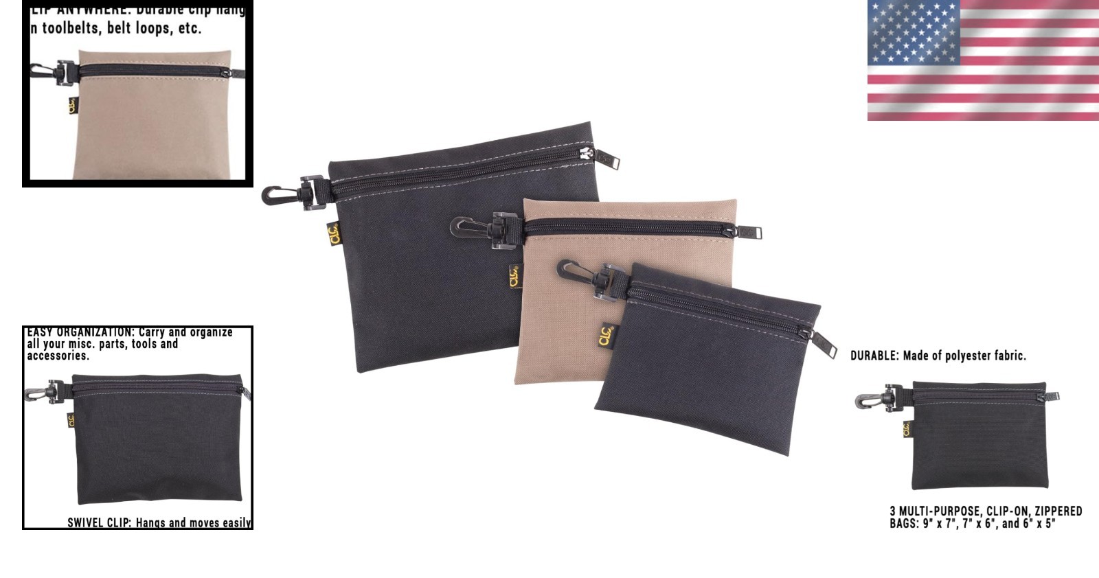 Durable Zip Closure Clip-On Polyester Bags – 3 Pack for Efficient Organization