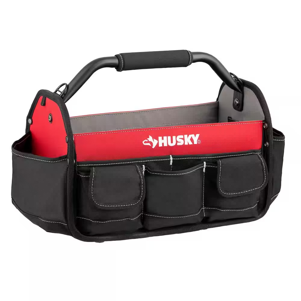Husky Tool Bag 17 in 18 Pocket Open Top Padded Handle Weatherproof Polypropylene