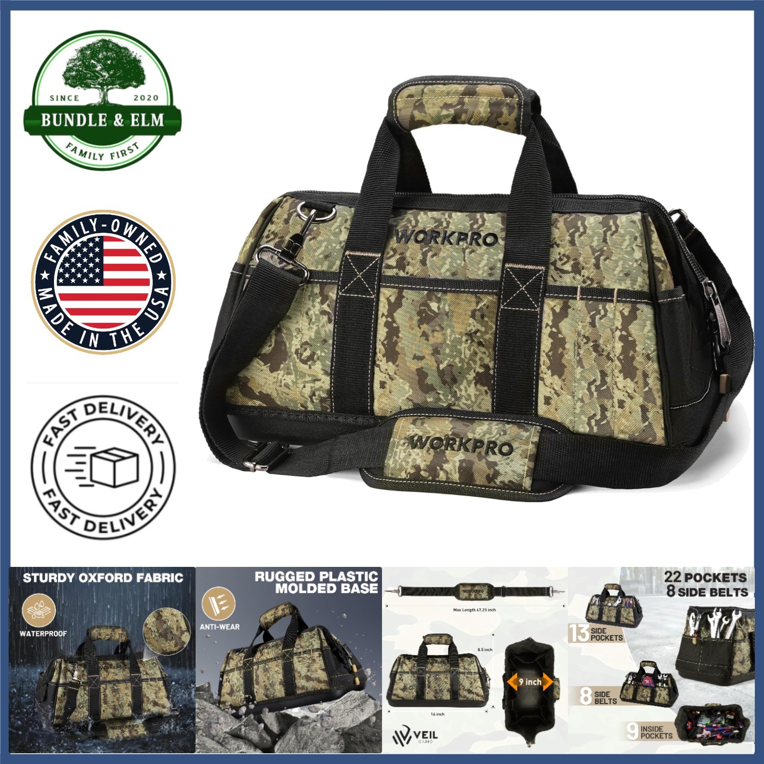 16-Inch Wide Mouth Tool Bag with 30 Compartments & Adjustable Shoulder Strap