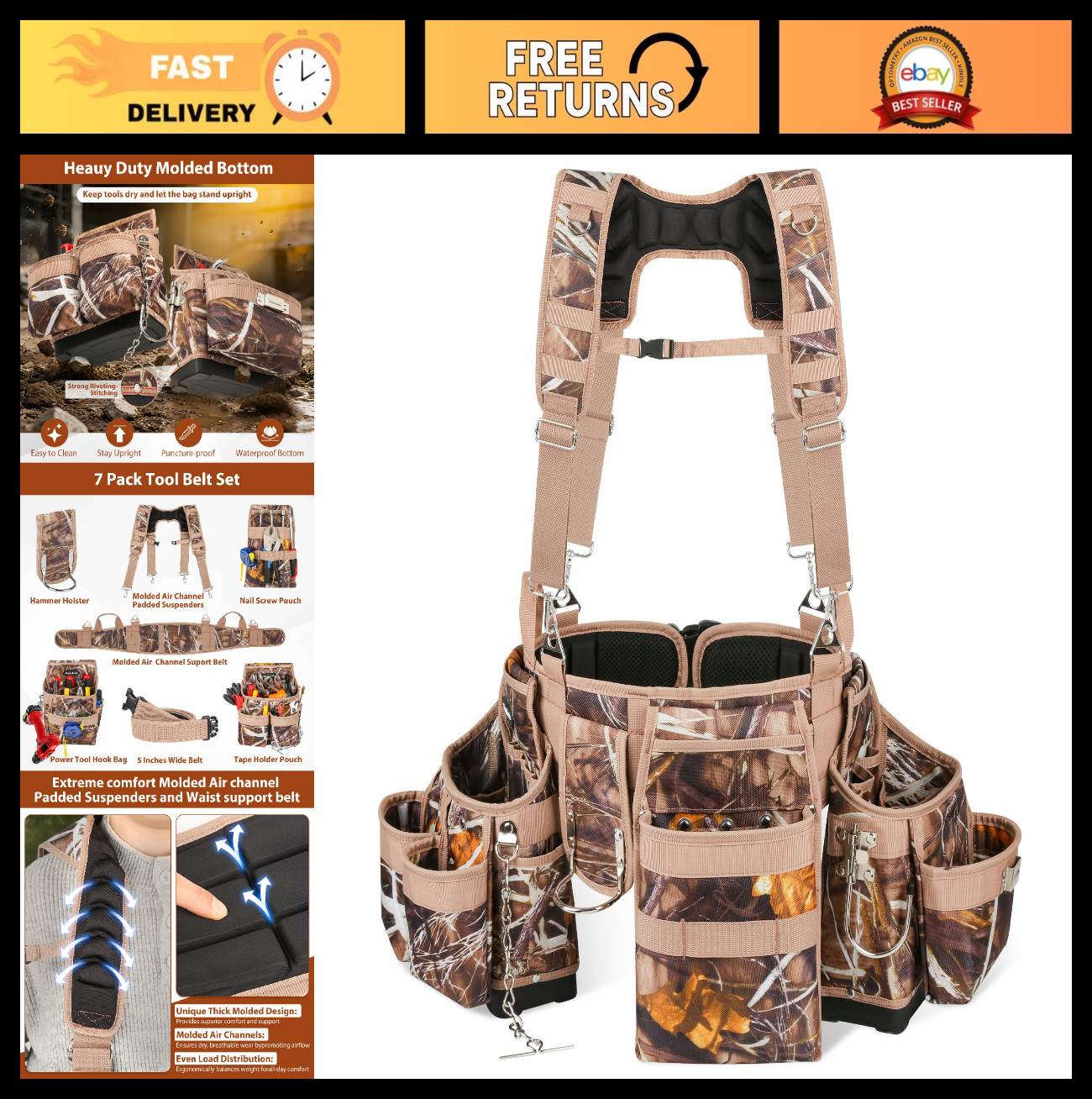 Heavy Duty Camo Tool Belt Set with Suspenders & Pouches, Carpenter Electrician R
