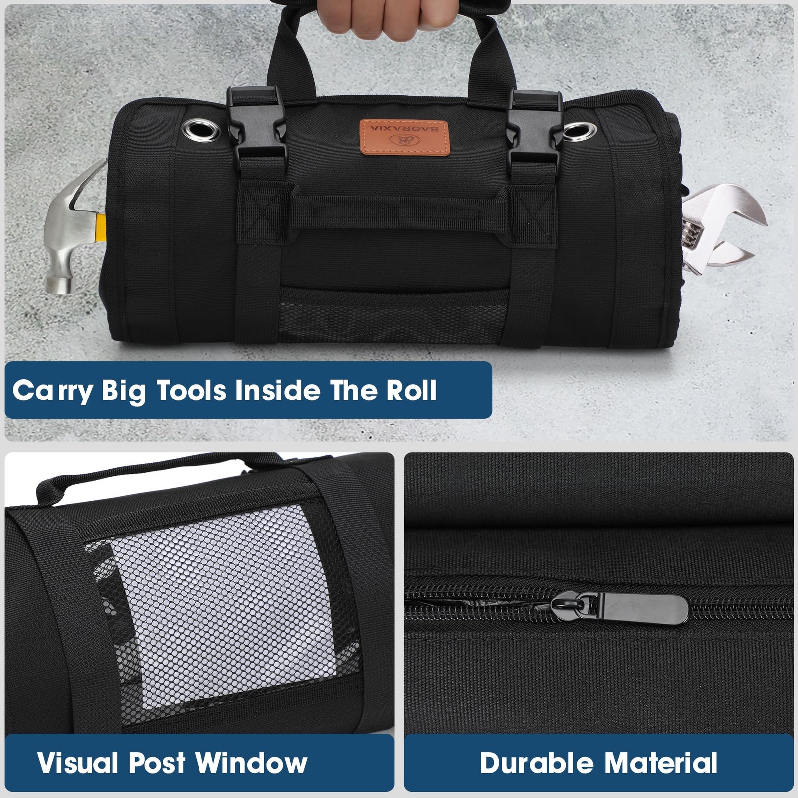 Roll Up Tool Bag Small Box Storage Heavy Duty Organizer 2 Detachable Pouch Blk