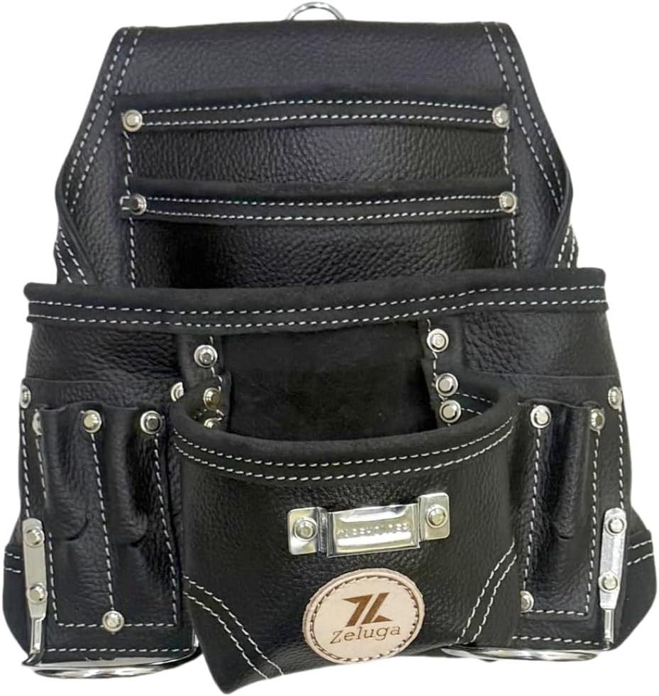 20-526 10 Pocket Rigger Heavy Duty Leather Tool Bag, Textured Black