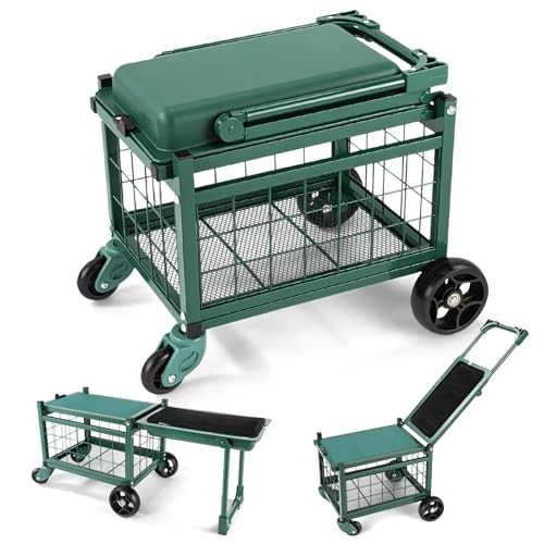 Garden Cart with Seat and 360° Swivel Wheels, Rolling Garden Work Seat with