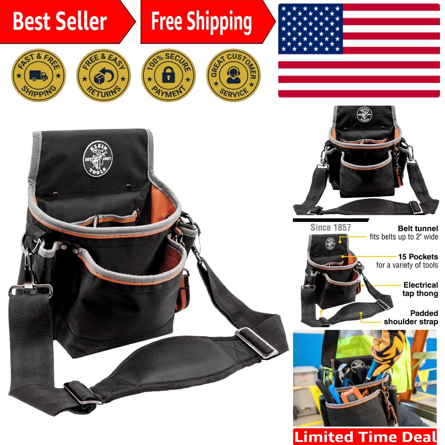 Versatile 15-Pocket Tool Pouch for Professionals with Padded Strap, 1680D Weave