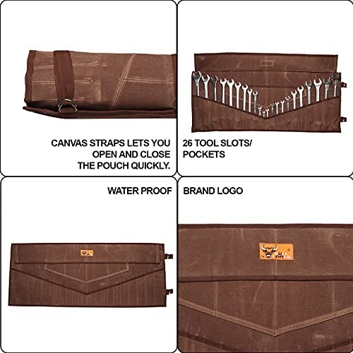 Wrench Roll 26 Pocket Waxed Canvas Tool Organizer Cinnamon Brown Waterproof