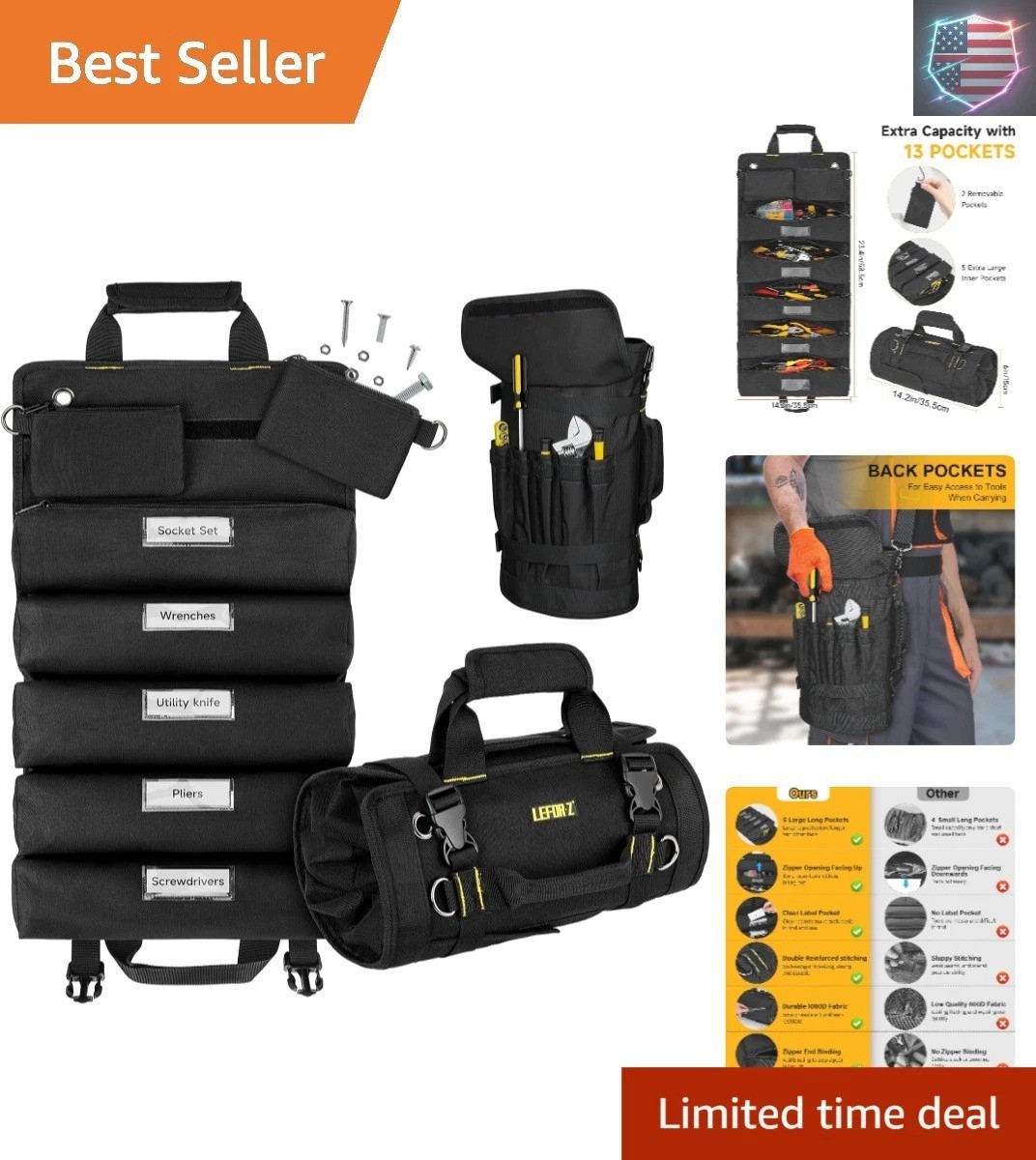 Tool Bag,Large Roll Up Tool Bag Organizer,13 Pockets Tool Roll Storage Pouch,…