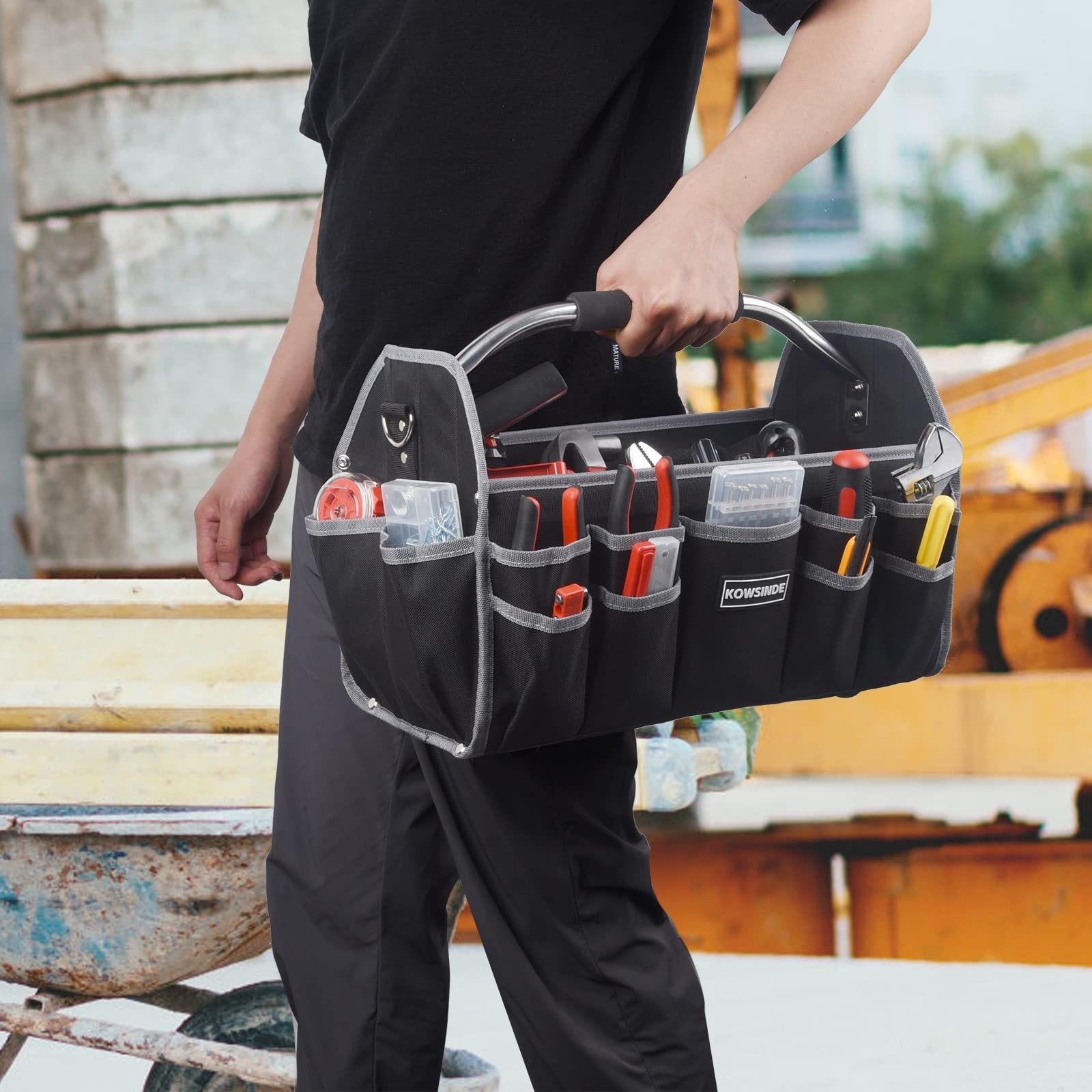 16″ Electrician Tool Bag – Open Top, 26 Pockets, Steel Handle, Removable Strap