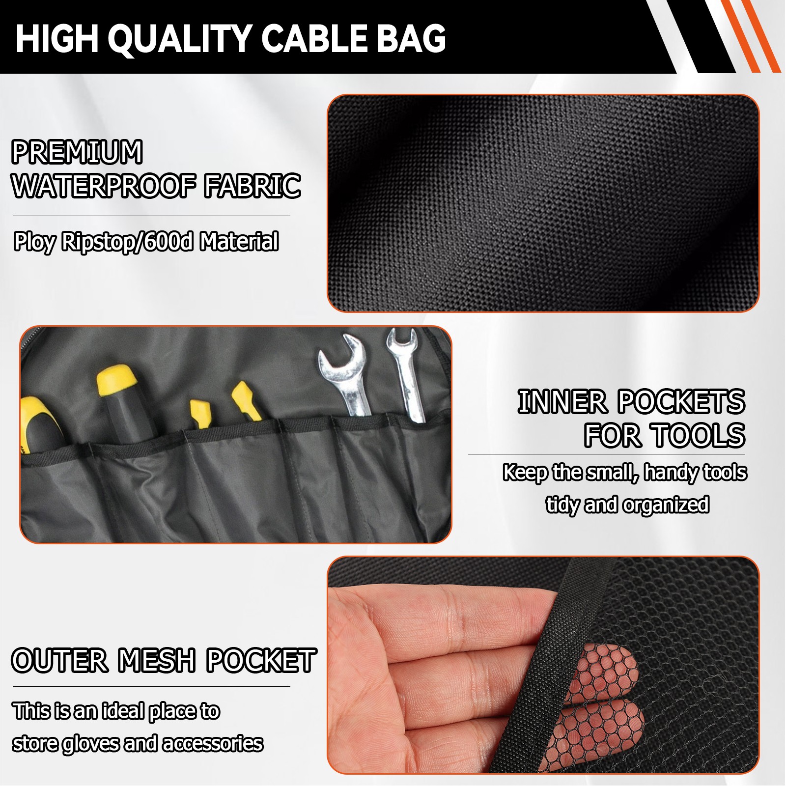 25ft Jumper Cable Bag Pockets EV Battery Charger Cord Car RV Hose Storage Tool