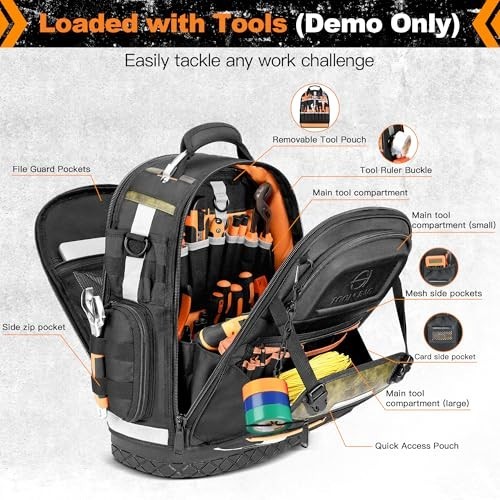 Heavy Duty Tool Backpack for Men, Durable 1680D Organizer with Molded Base & Loc
