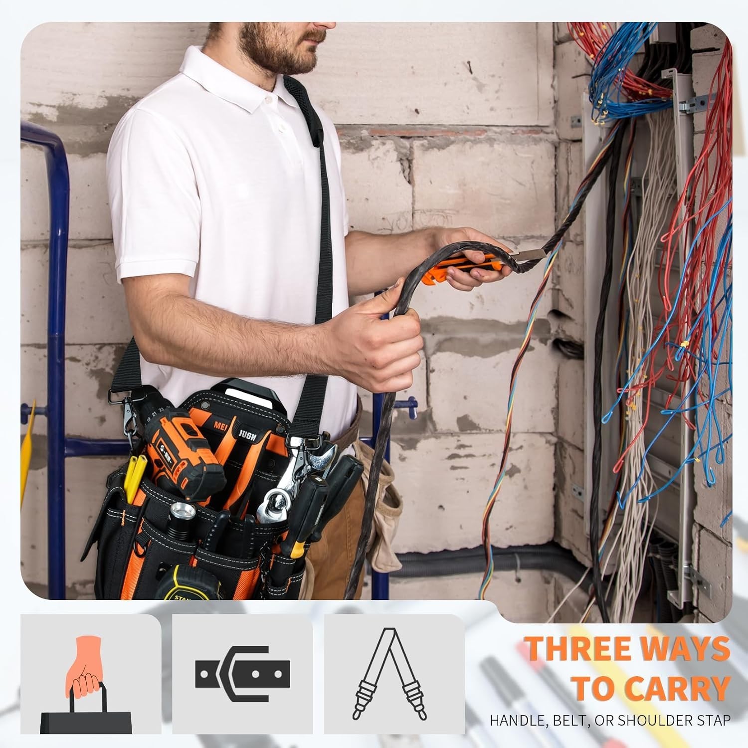 Versatile Electrician Tool Organizer with Quick Release Clip and Shoulder Strap