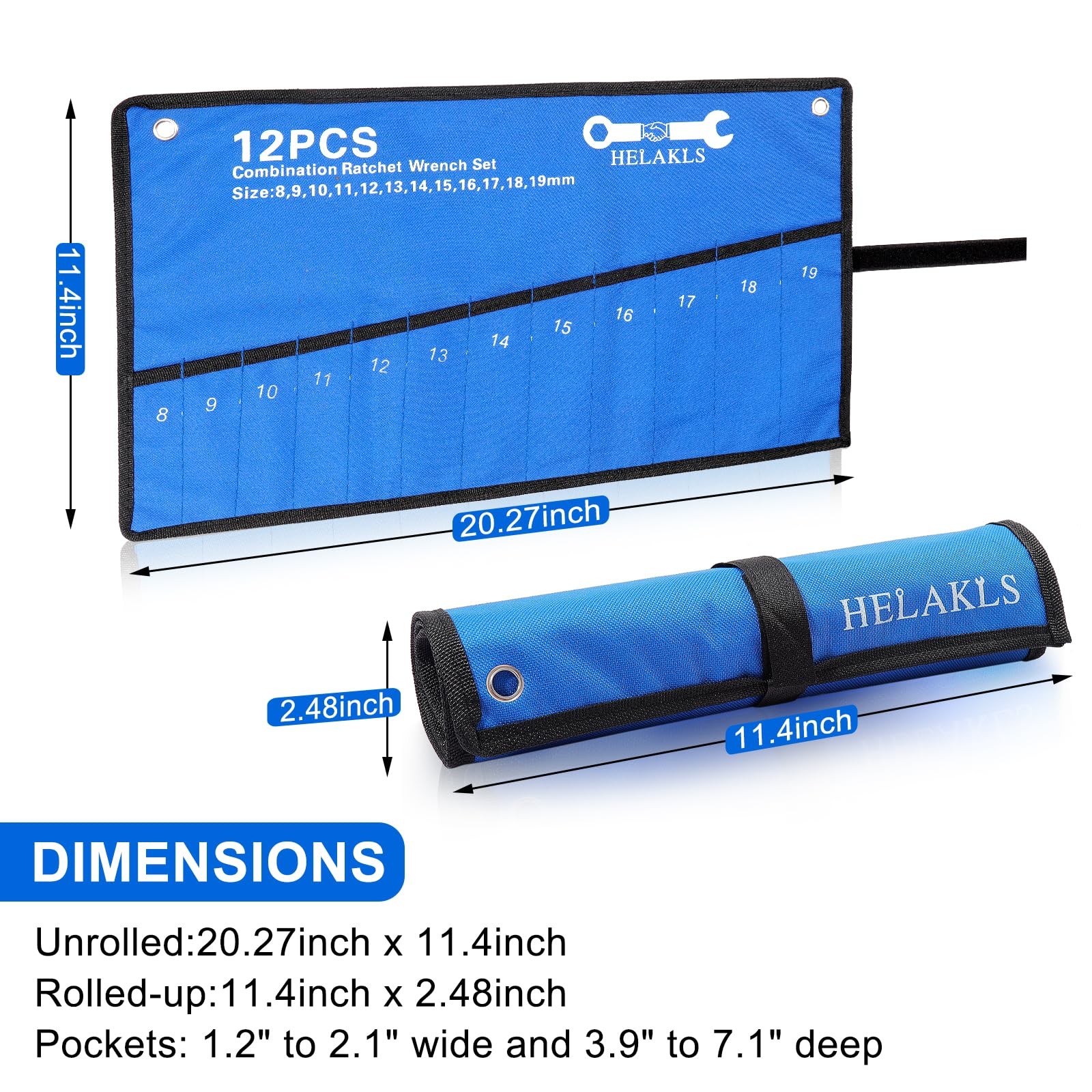 HELAKLS Wrench Tool Roll Up Pouch Metric 12 Pocket (8-19mm) Blue