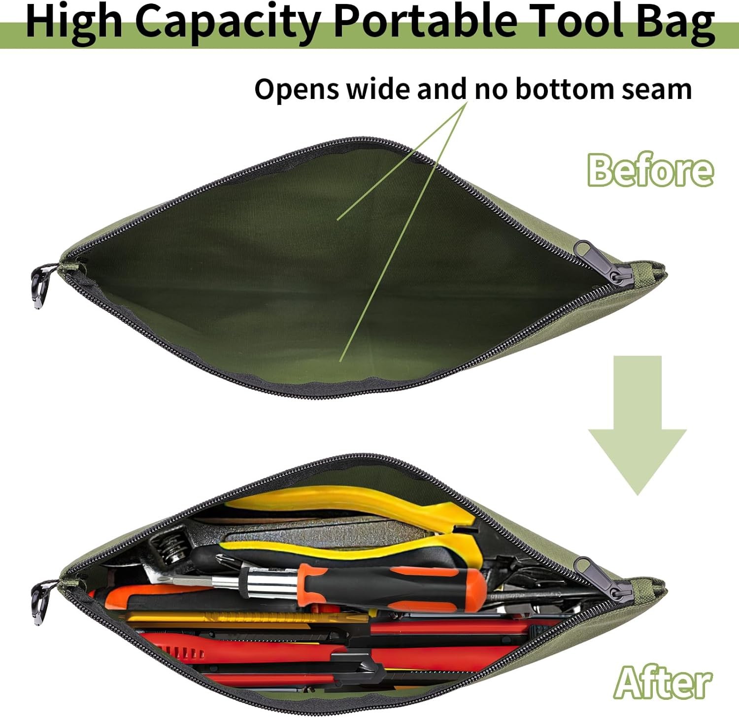 3 Pack Tool Bag Zipper 12.6 x 7 x 0.3 inches, 3 Pack, Tan, Navy Green, Black