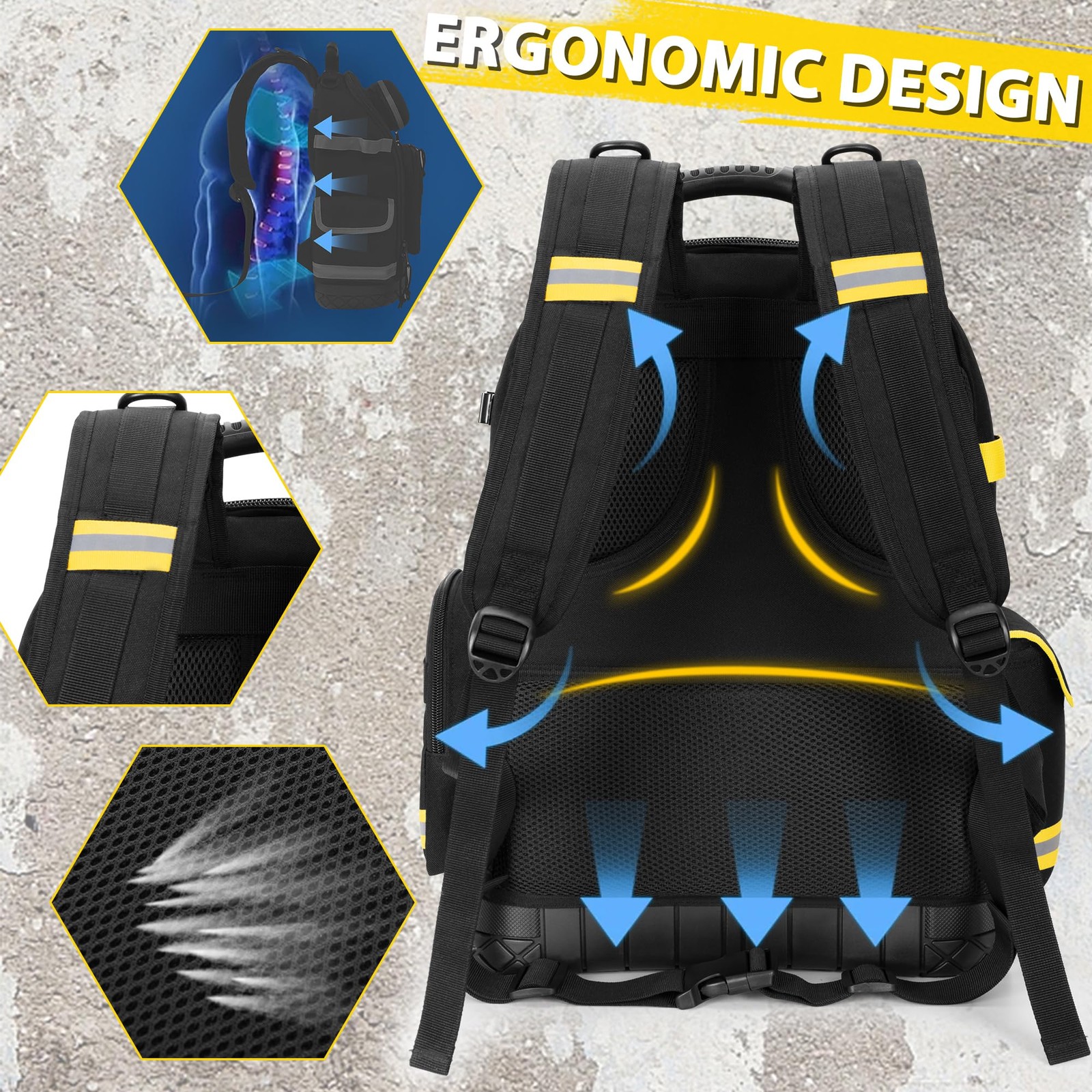 Tool Backpack with Hard Bottom and 3 Pouches, Heavy Duty Tool Organizer Bag f