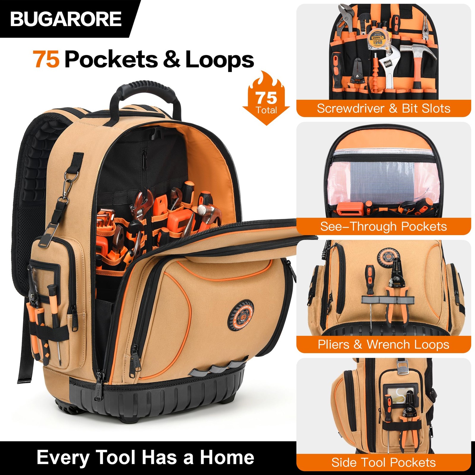 16″ Rolling Tool Backpack with Wheels, 75 Pockets Electrician Tool Bag for Co…