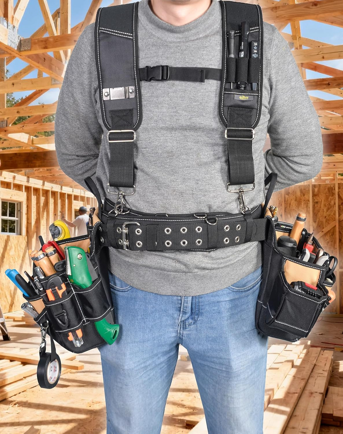 Professional Tool Belt with Suspenders 42 Pockets 1680D Durable Fabric, Heavy Du