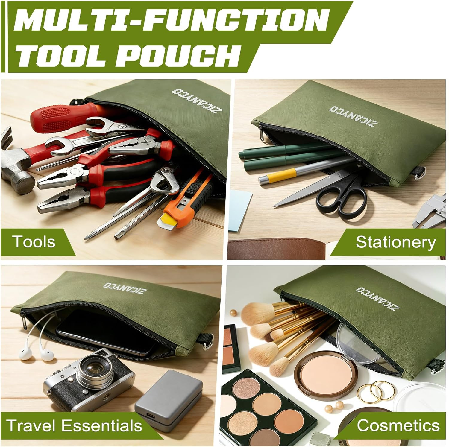 Tool Pouch Zipper Bags, Small Tool Bags with Metal Zipper & Carabiner, Durable U