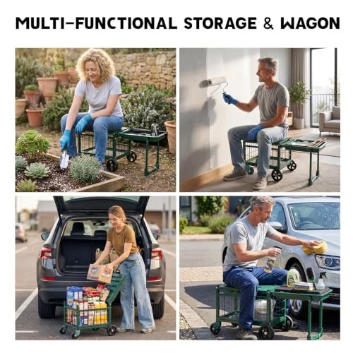 Garden Cart with Seat and 360° Swivel Wheels, Rolling Garden Work Seat with