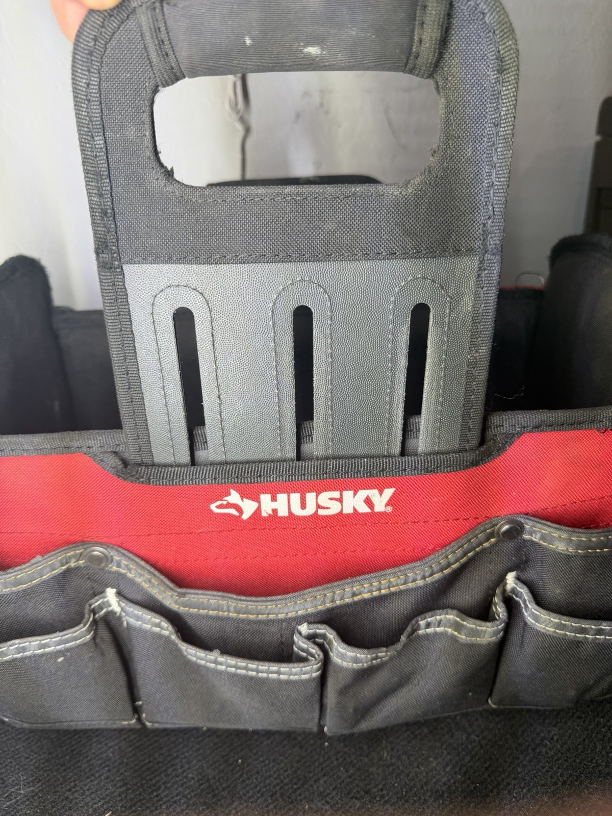 Husky Fabric Tool Tote Bag Black/Red/Gray w/ Handle & Front Pockets