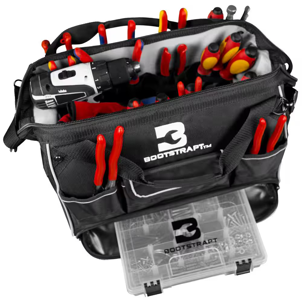 16 In. Large Mouth Tool Bag with Integrated Parts Bin Compartment