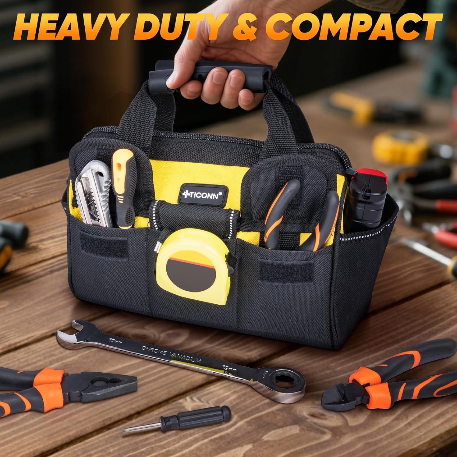 Heavy Duty Waterproof Tool Bag with 8 Pockets and Adjustable Strap – 12” Yellow