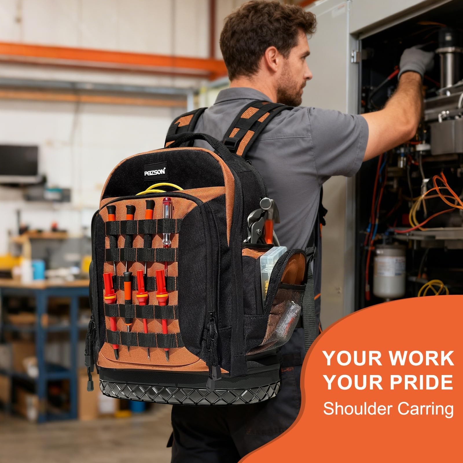 Heavy-Duty Tool Backpack for Electricians, HVAC, Mechanics – 41 Pockets, 4 Compa