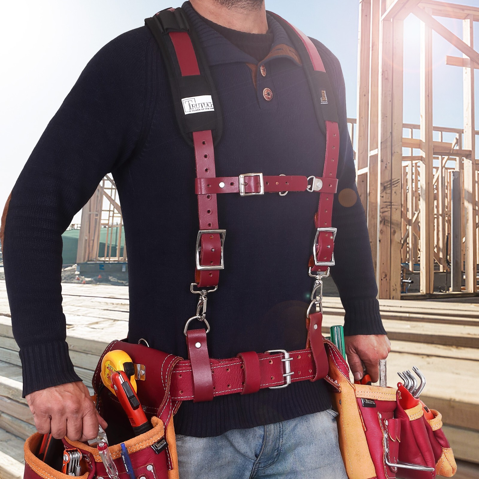 Maroon Leather work Suspenders | Tool Belt Suspenders | Grain Leather Suspender