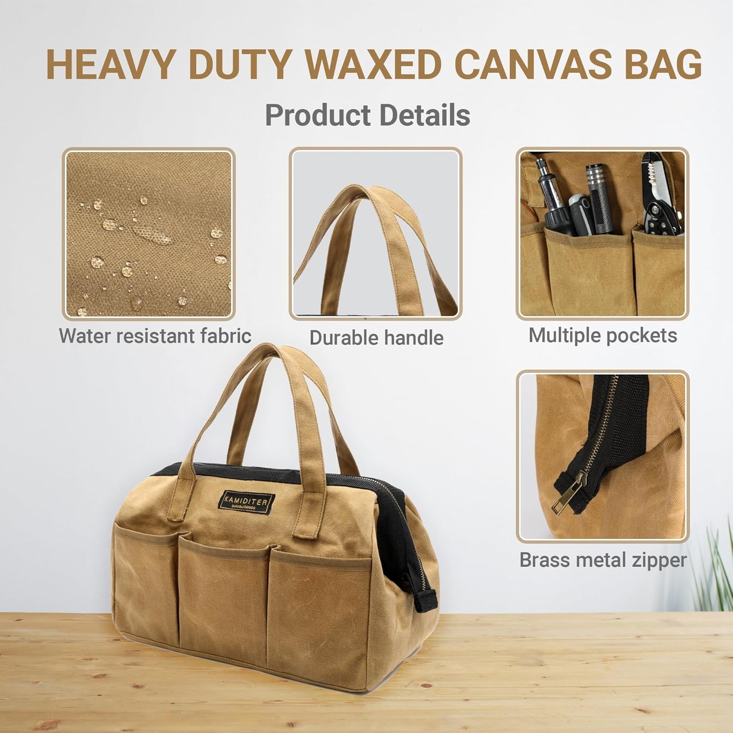 Waxed Canvas Tool Bag 16oz – Heavy Duty Zipper, Multi-Pocket Storage Organizer