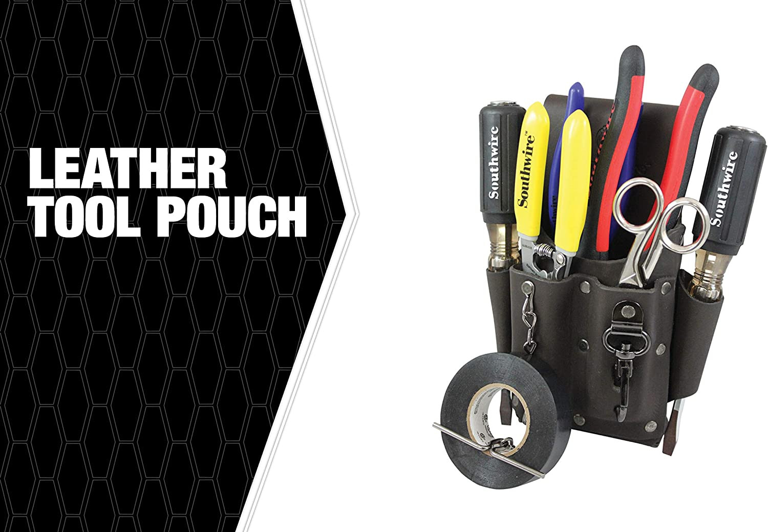 Southwire POUCH4 Leather Tool Pouch; 5 Pocket Pouch with Electrical Tape Chain;