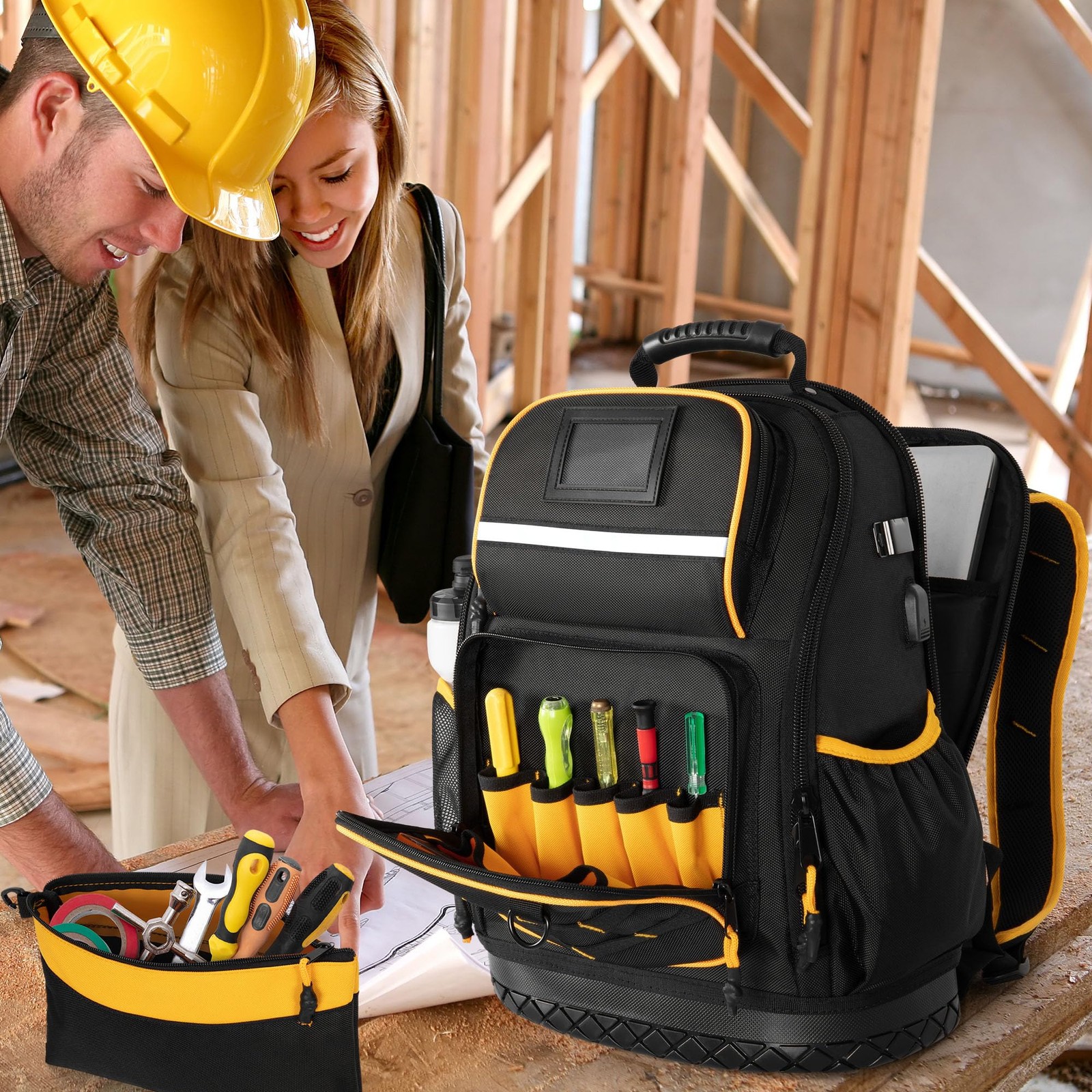 Organizer Bag Hard Bottom Tool Pouch 15.6In Laptop Sleeve Heavy duty Tool Black