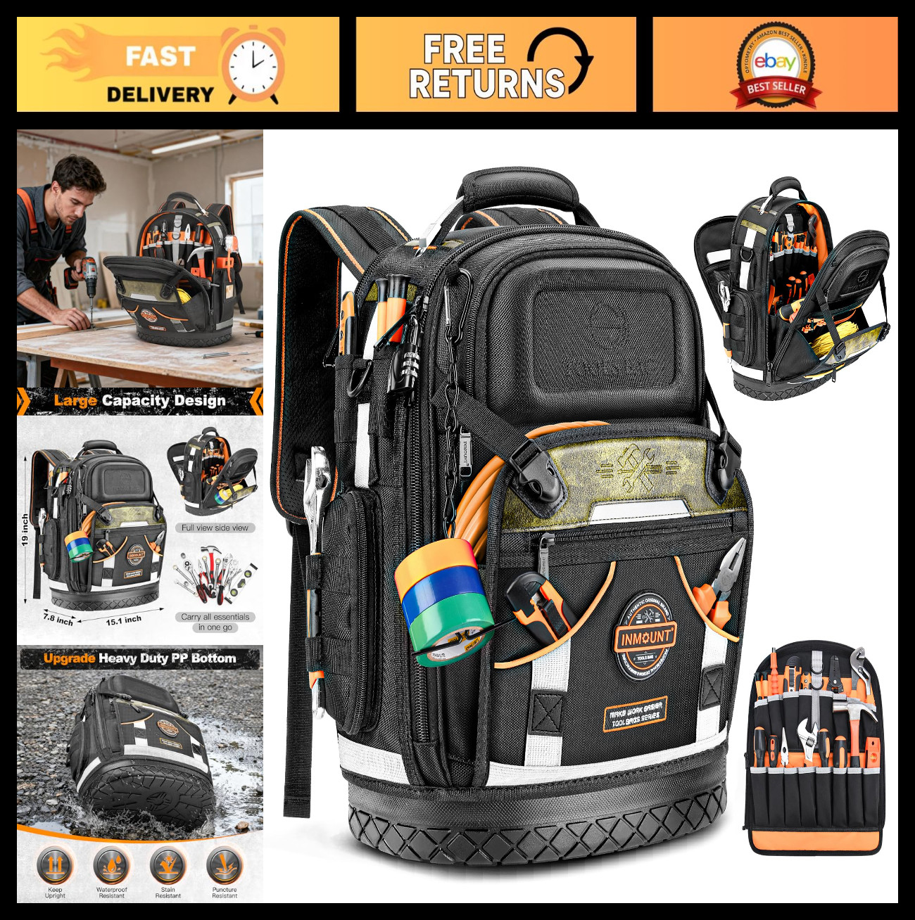 Heavy Duty Tool Backpack for Men, Durable 1680D Organizer with Molded Base & Loc