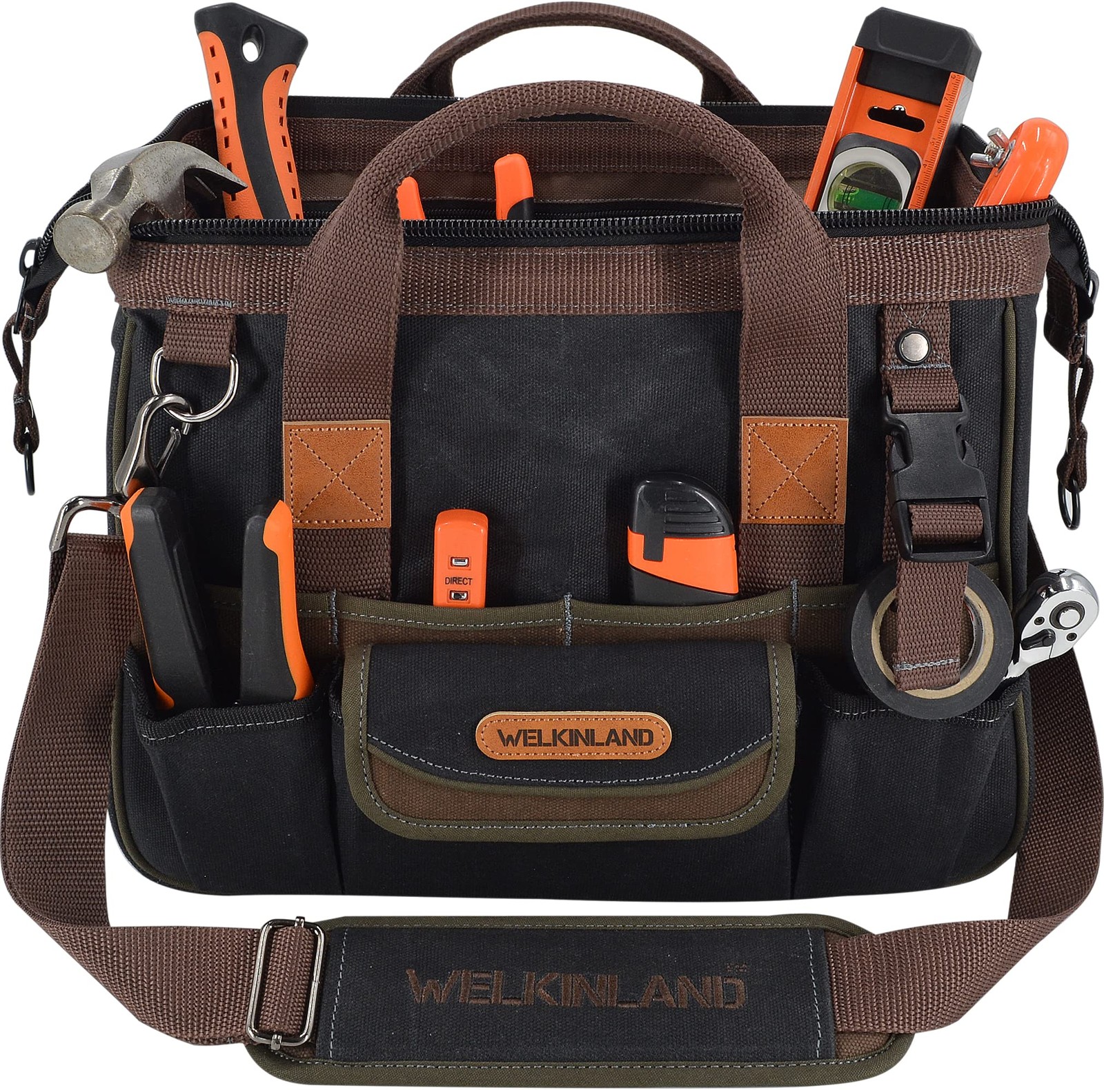 WELKINLAND 30-Pockets Canvas tool bag, 14-Inch(Max. 20L), Black/Brown/Olive
